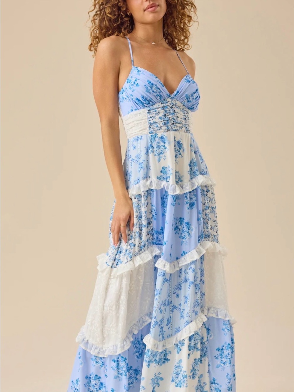 Altar'd State Blue & White Floral Tiered Maxi Dress